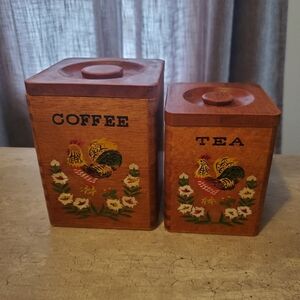 Vintage Wood Canisters/Coffee and Tea/  Rooster with flowers/handpainted set